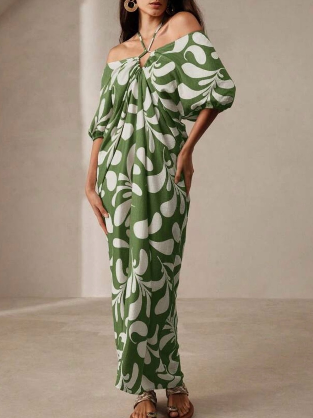 NWT Anewsta Women’s Green & White Halter Short Sleeve Maxi Dress. Size XL